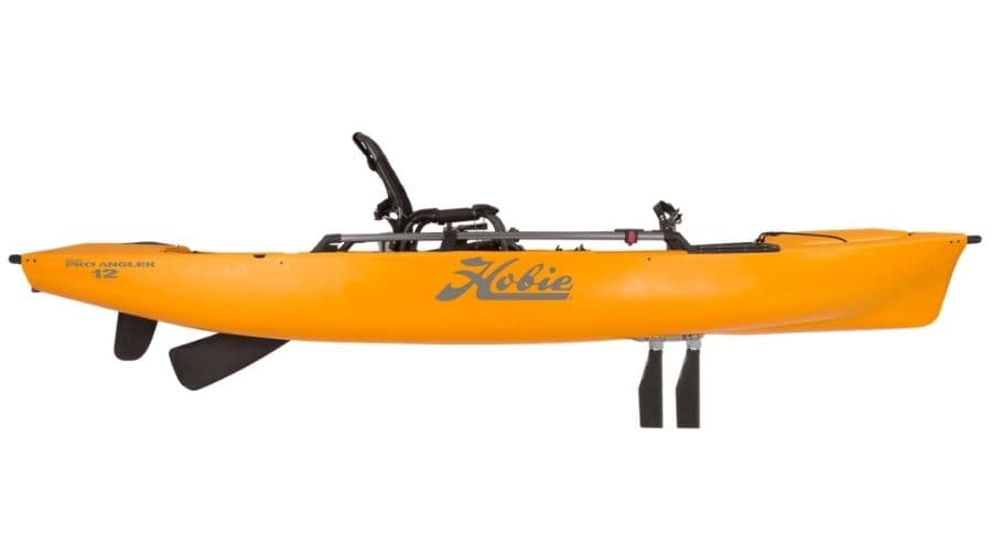 Product display A display of the Hobie Mirage pro Angler 12 in yellow. #2 best fishing kayak for big guys.