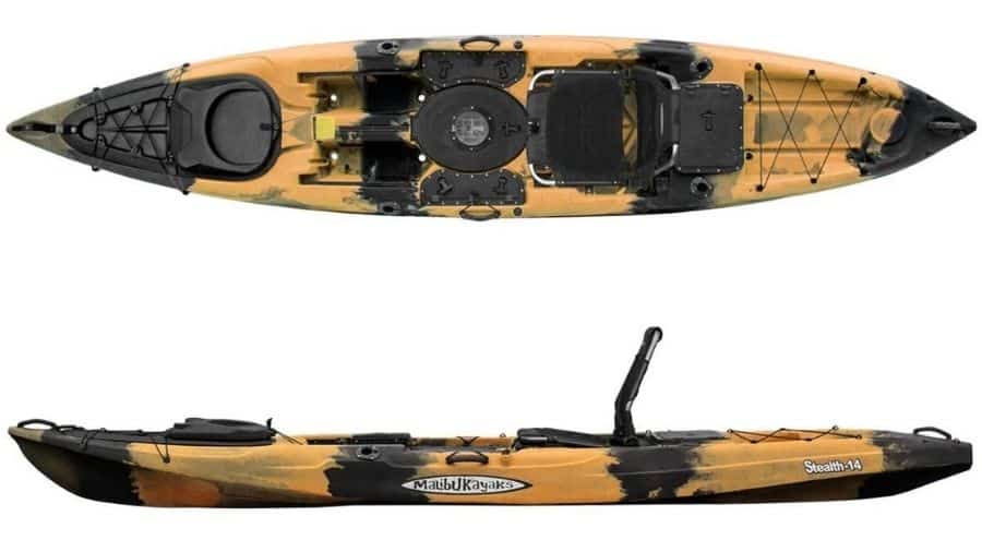 Product image A display of the Malibu Kayaks Stealth-14. #4 best fishing kayak for big guys.