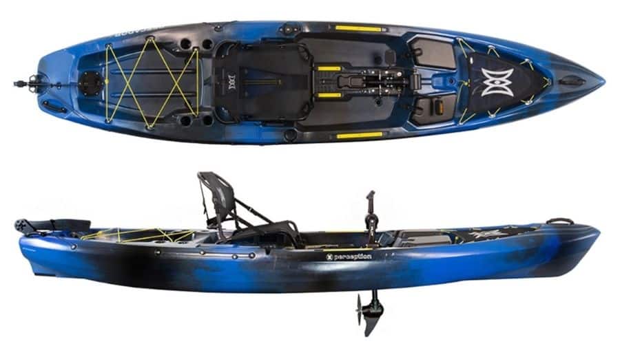 Product display A display of the Perception Pescador Pilot 12. #5 best fishing kayak for big guys.