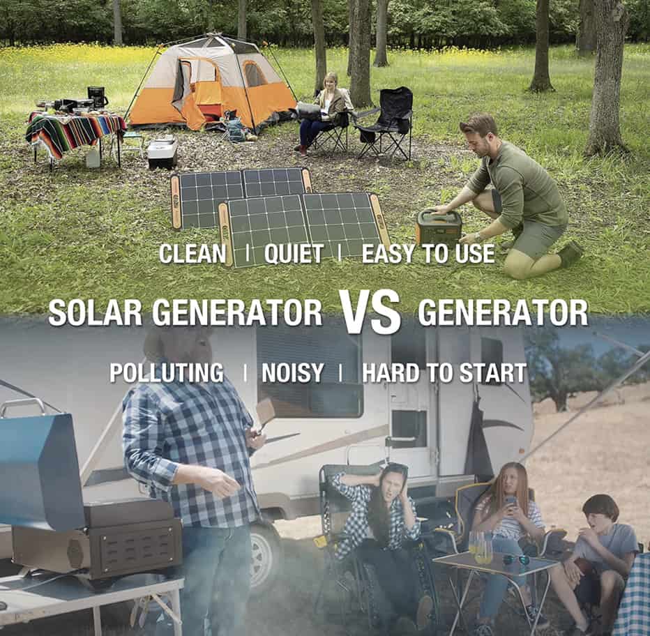 13 Best Solar Generators for Camping - Buyer's Guide 21 A photographic display showing that a solar generator is cleaner, quieter and easier to use than a gas generator